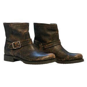 Frye Veronica Harness Booties Size 8.5 — Black Brown Distressed Moto Boots